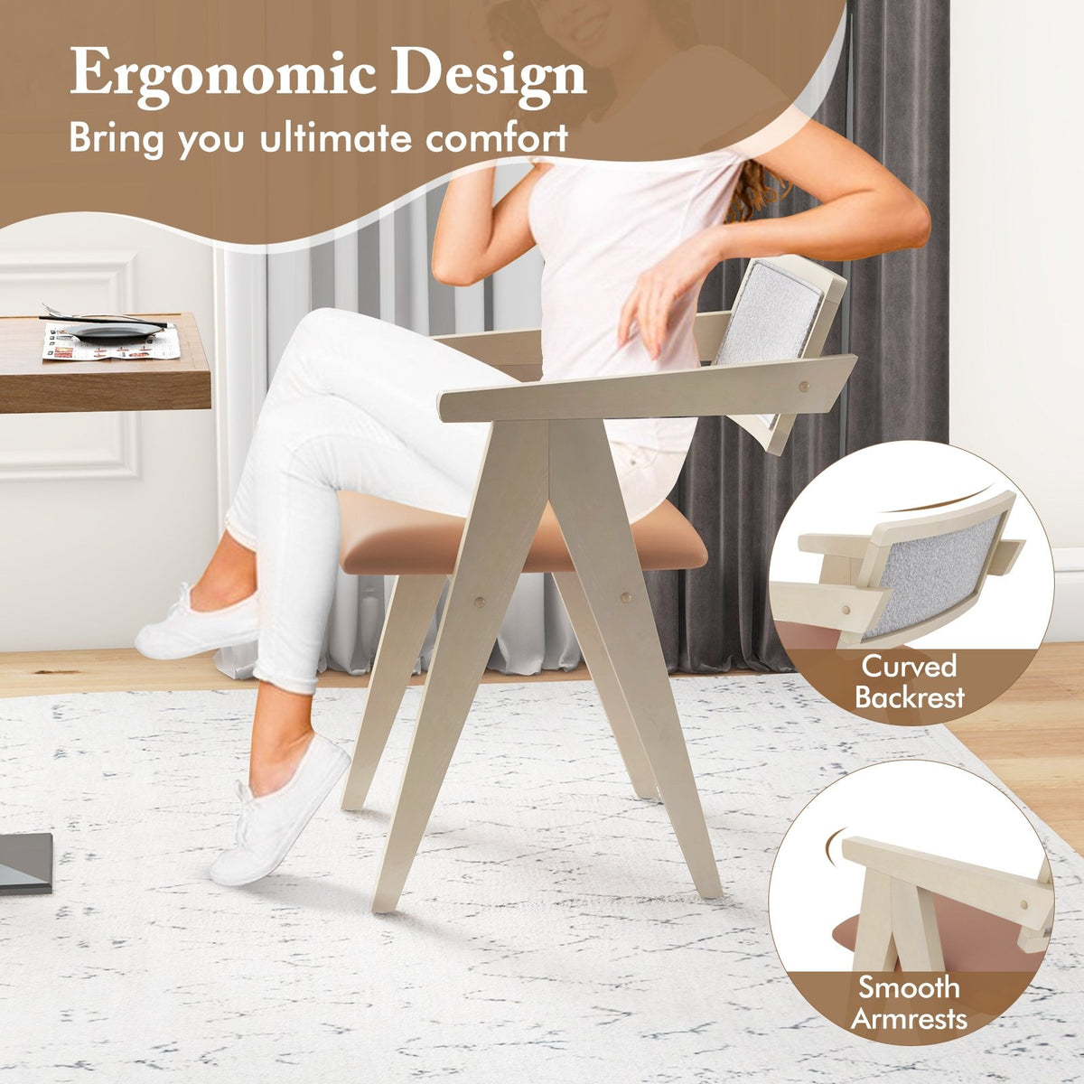 Mid Century Wooden Accent Chairs with Leathaire Seat Cushions Set of 2-Beige view 6