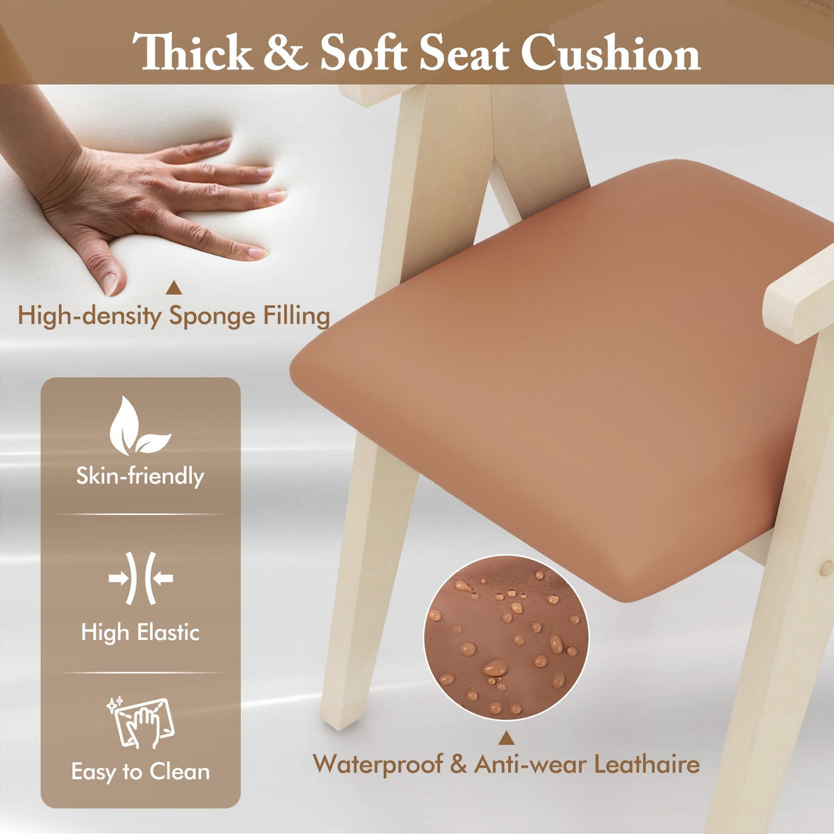 Mid Century Wooden Accent Chairs with Leathaire Seat Cushions Set of 2-Beige view 7