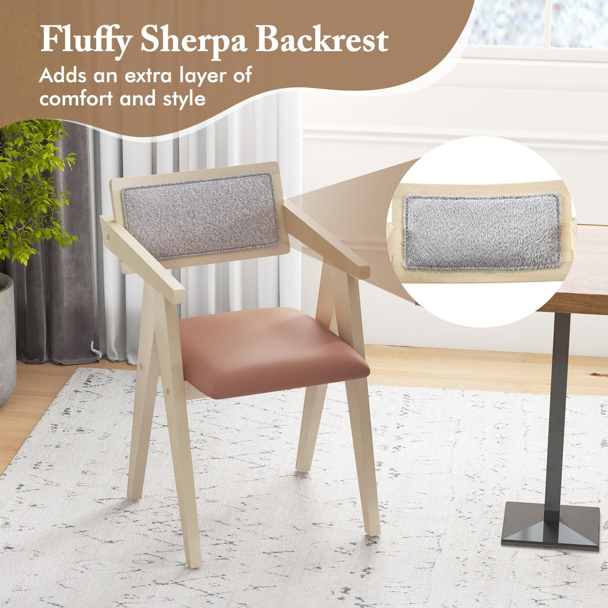 Mid Century Wooden Accent Chairs with Leathaire Seat Cushions Set of 2-Beige view 9