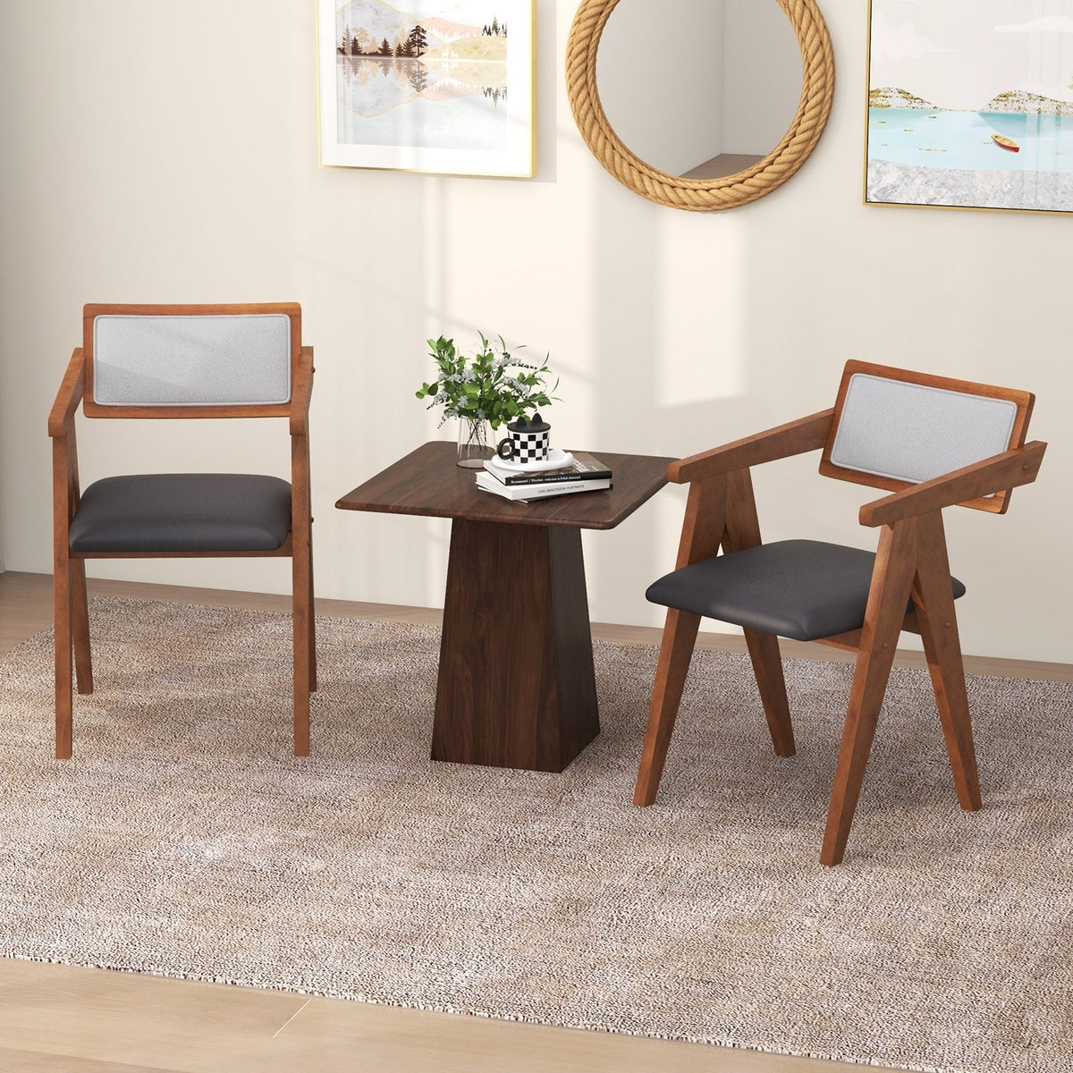 Mid Century Wooden Accent Chairs with Leathaire Seat Cushions Set of 2-Walnut view 2