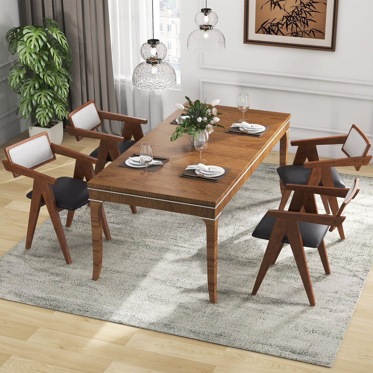 Mid Century Wooden Accent Chairs with Leathaire Seat Cushions Set of 2-Walnut view 5
