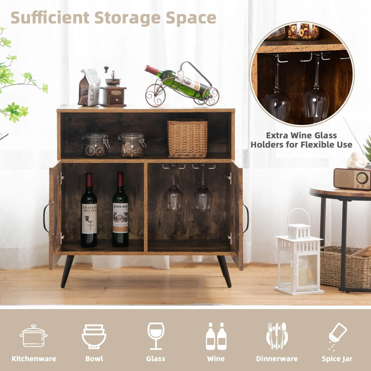 Mid-century Wooden Storage Cabinet Wine Glass Holders-Rustic Brown view 3