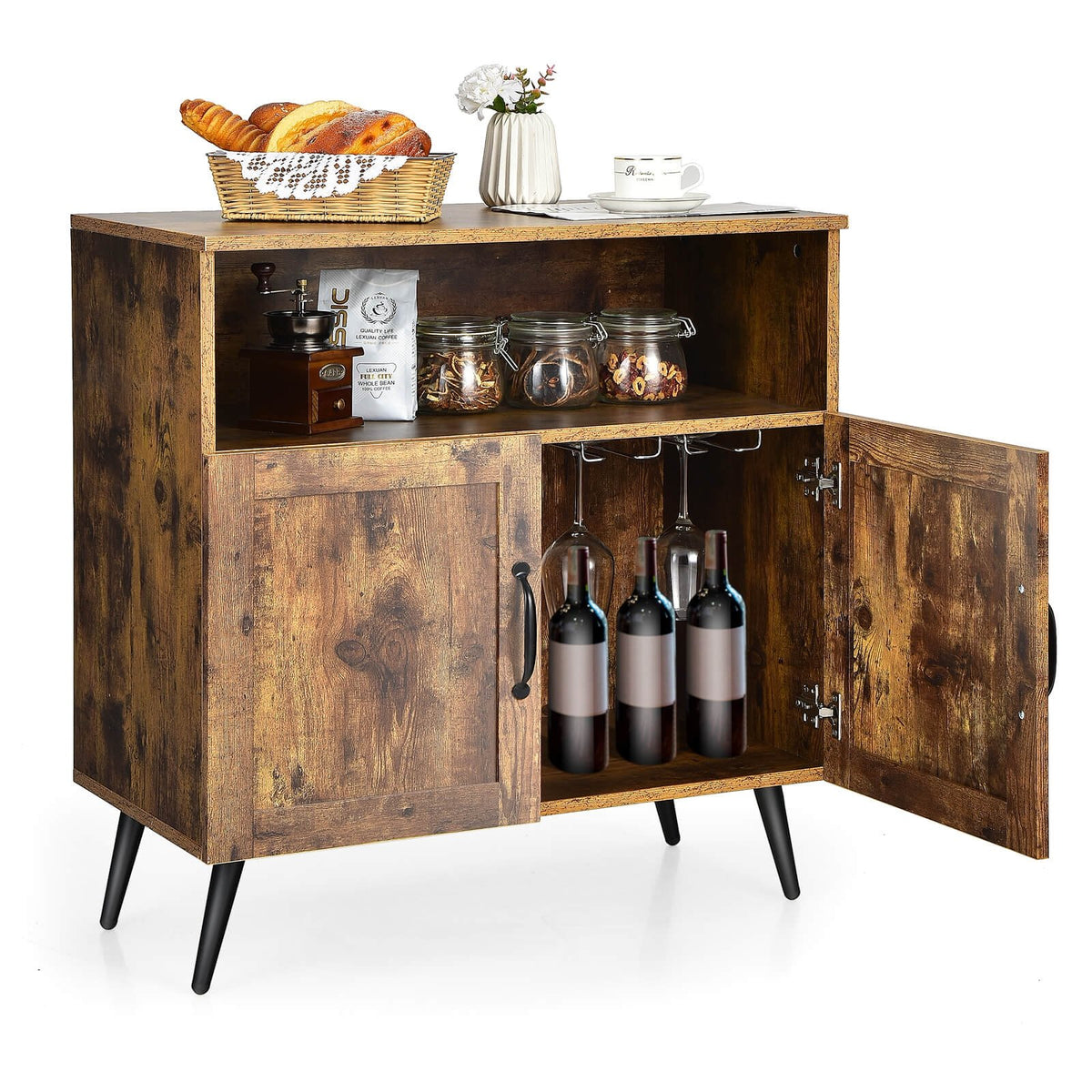 Mid-century Wooden Storage Cabinet Wine Glass Holders-Rustic Brown view 7