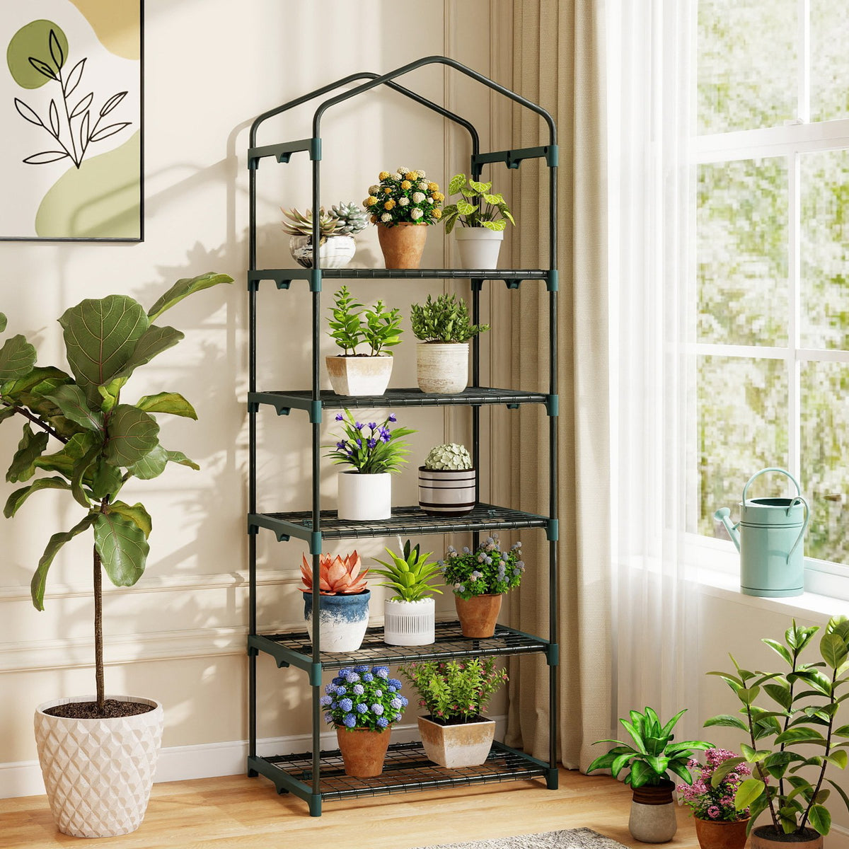 Mini Greenhouse Portable Plant Grow House with 5 Tier Shelves-Green view 2