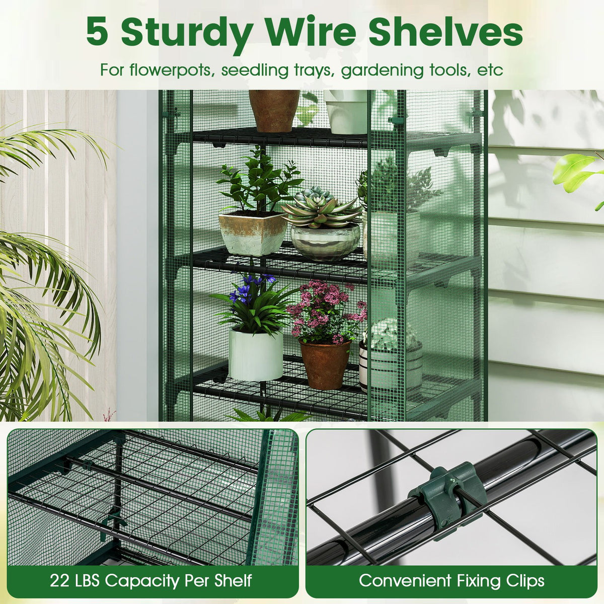 Mini Greenhouse Portable Plant Grow House with 5 Tier Shelves-Green view 9