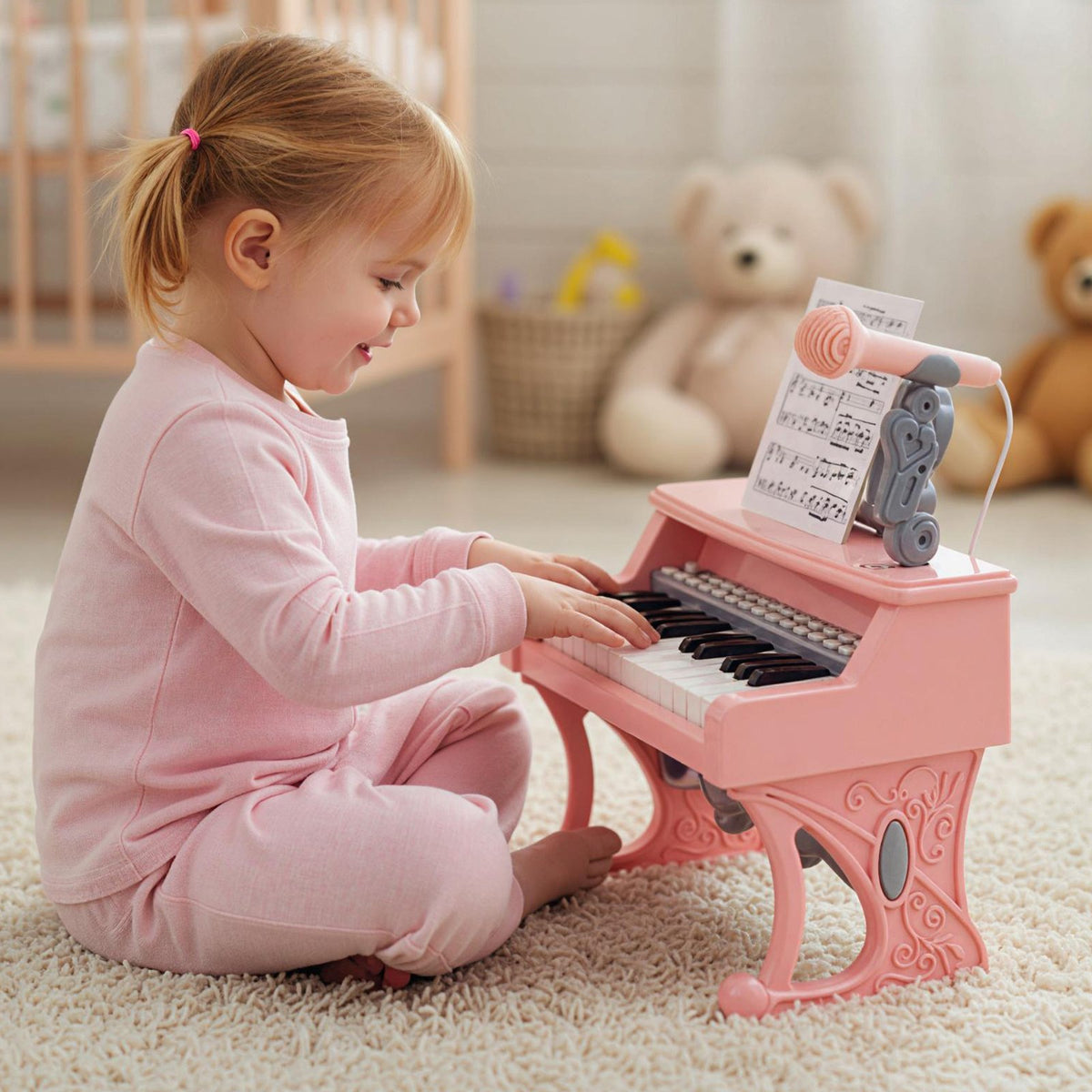 Mini Keyboard Piano 25 Keys Electric Piano with Music Stand and Microphone for Toddlers 3+ Years Old-Pink view 2