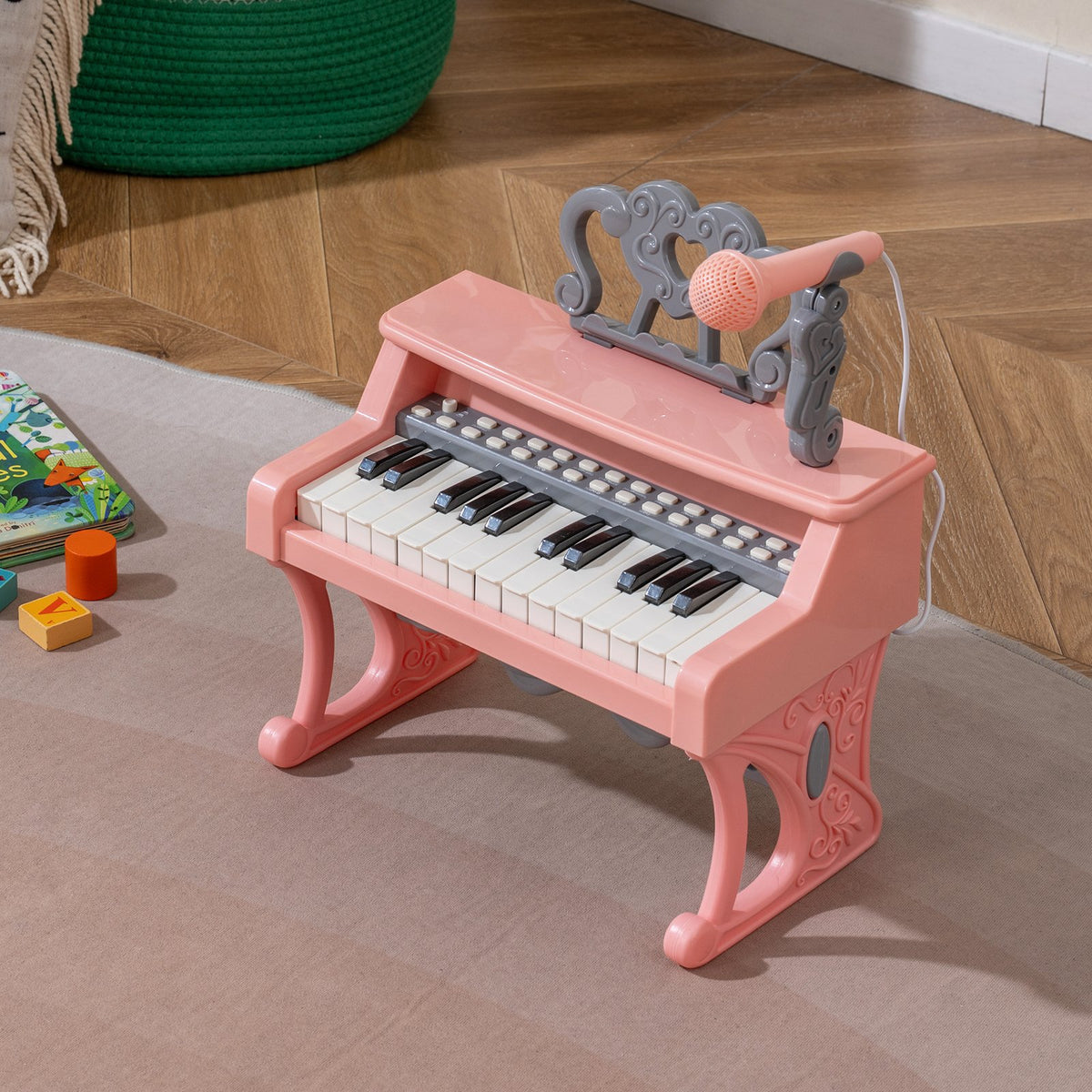 Mini Keyboard Piano 25 Keys Electric Piano with Music Stand and Microphone for Toddlers 3+ Years Old-Pink view 3
