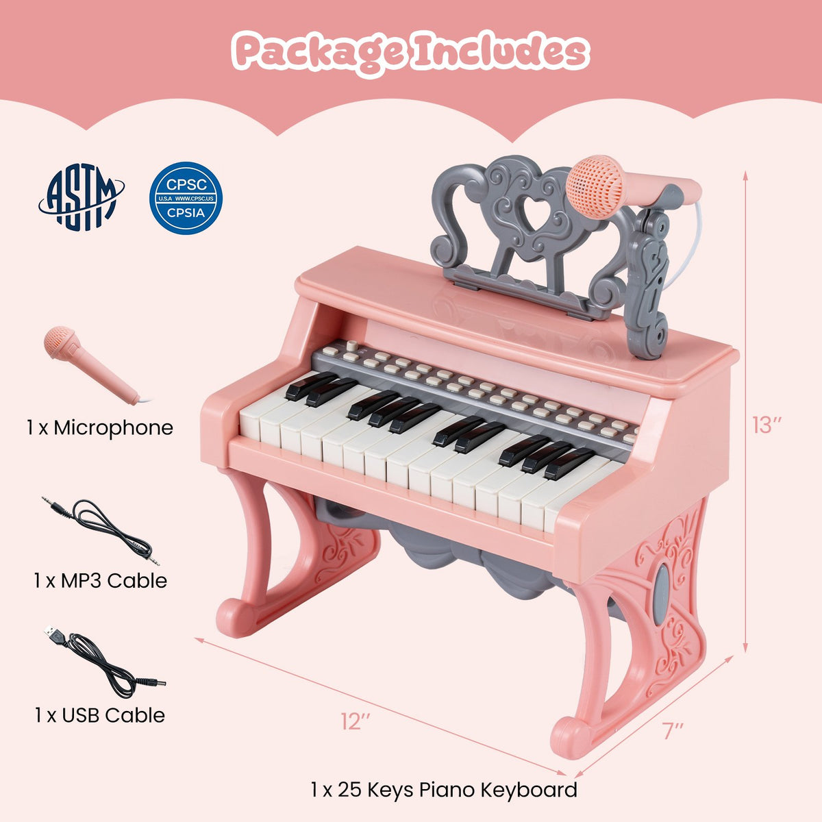 Mini Keyboard Piano 25 Keys Electric Piano with Music Stand and Microphone for Toddlers 3+ Years Old-Pink view 5