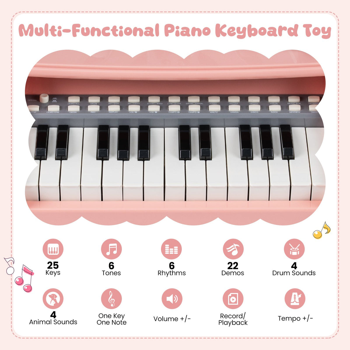 Mini Keyboard Piano 25 Keys Electric Piano with Music Stand and Microphone for Toddlers 3+ Years Old-Pink view 7