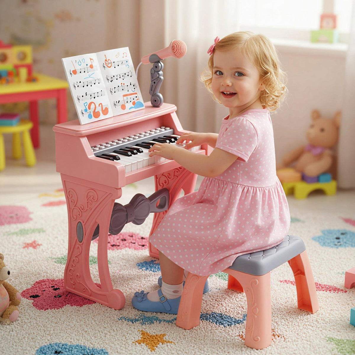 Mini Keyboard Piano for Kids 25 Keys Electric Piano with Stool for Toddlers 3+ Years Old-Pink view 2