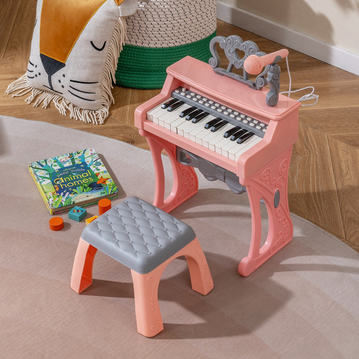 Mini Keyboard Piano for Kids 25 Keys Electric Piano with Stool for Toddlers 3+ Years Old-Pink view 3