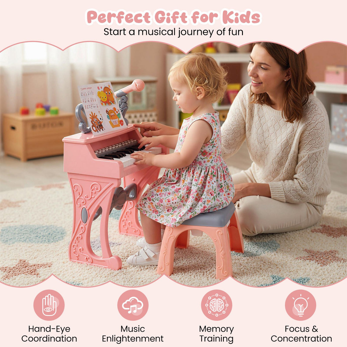 Mini Keyboard Piano for Kids 25 Keys Electric Piano with Stool for Toddlers 3+ Years Old-Pink view 8