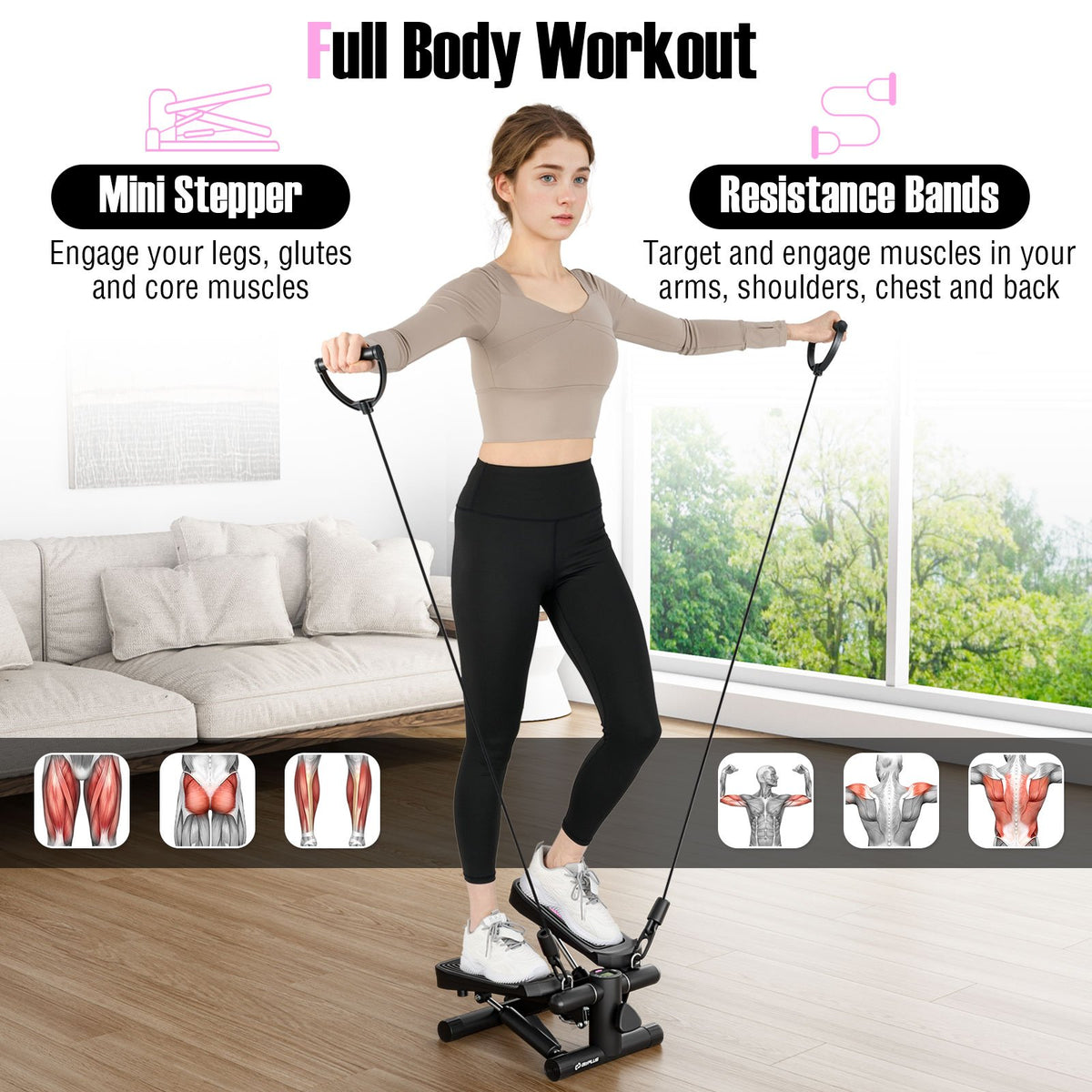 Mini Stepper with Resistance Bands and Adjustable Height for Exercise at Home-Black view 4