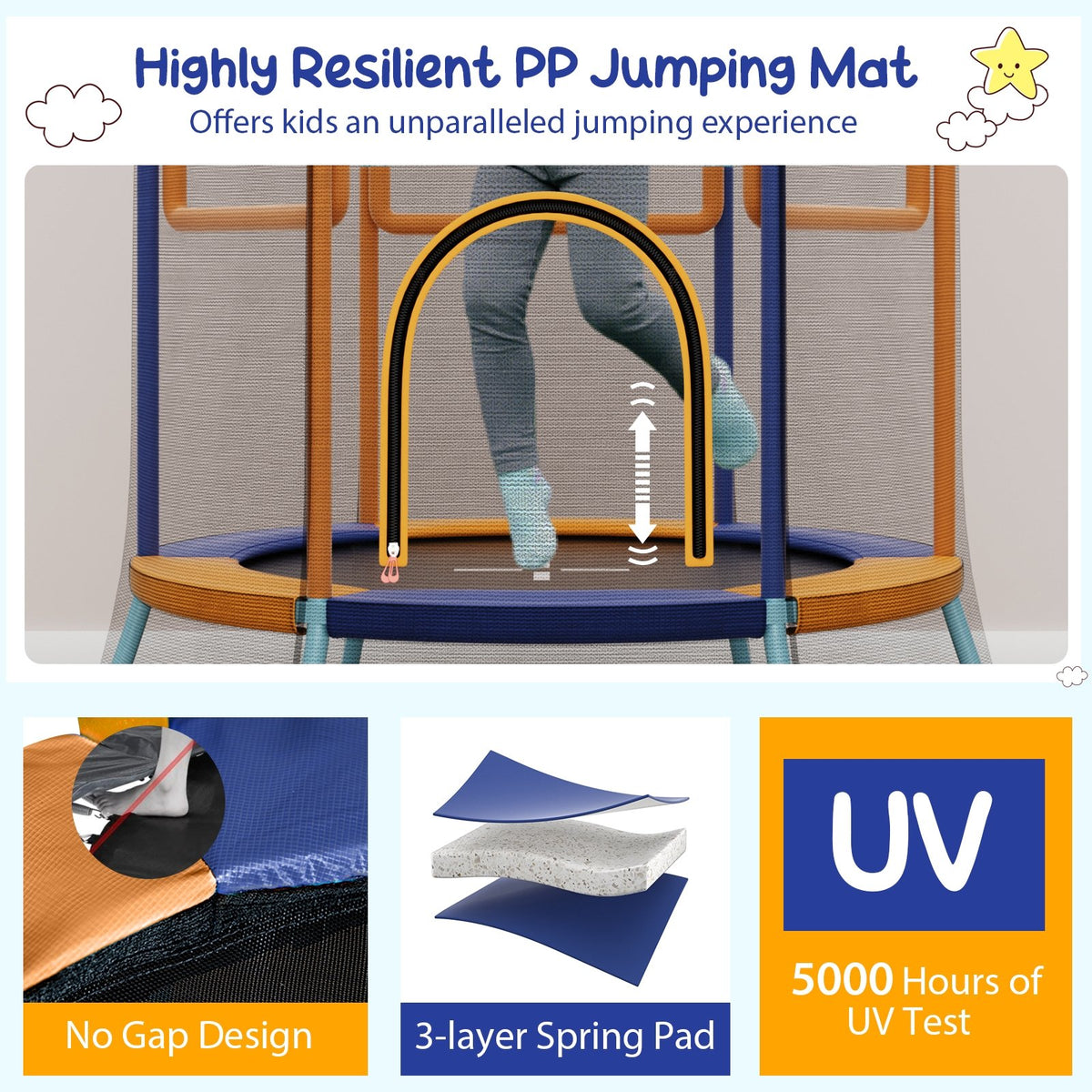 Mini Trampoline for Kids with Safety Enclosure Net and Foam Handles-Orange view 7