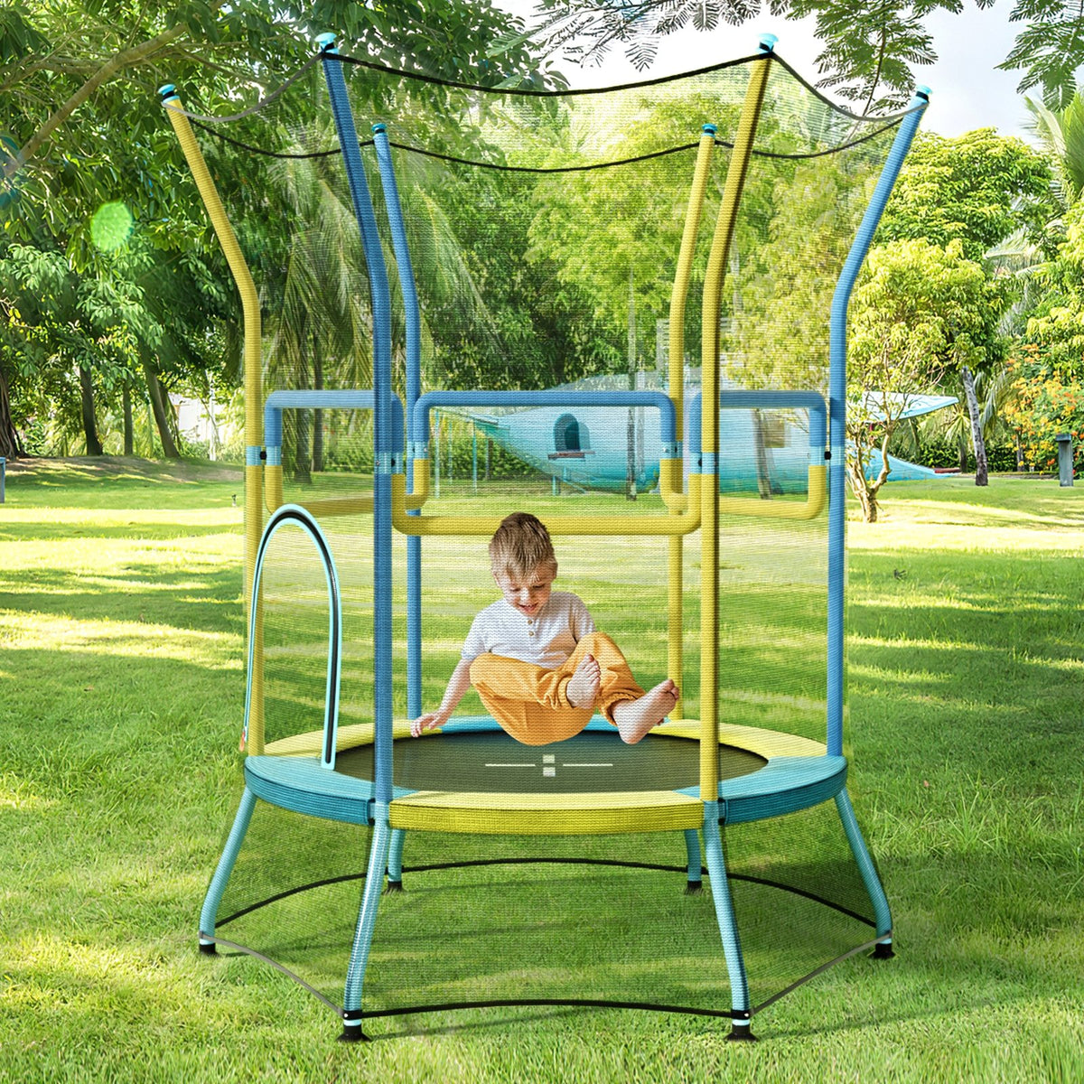 Mini Trampoline for Kids with Safety Enclosure Net and Foam Handles-Yellow view 2