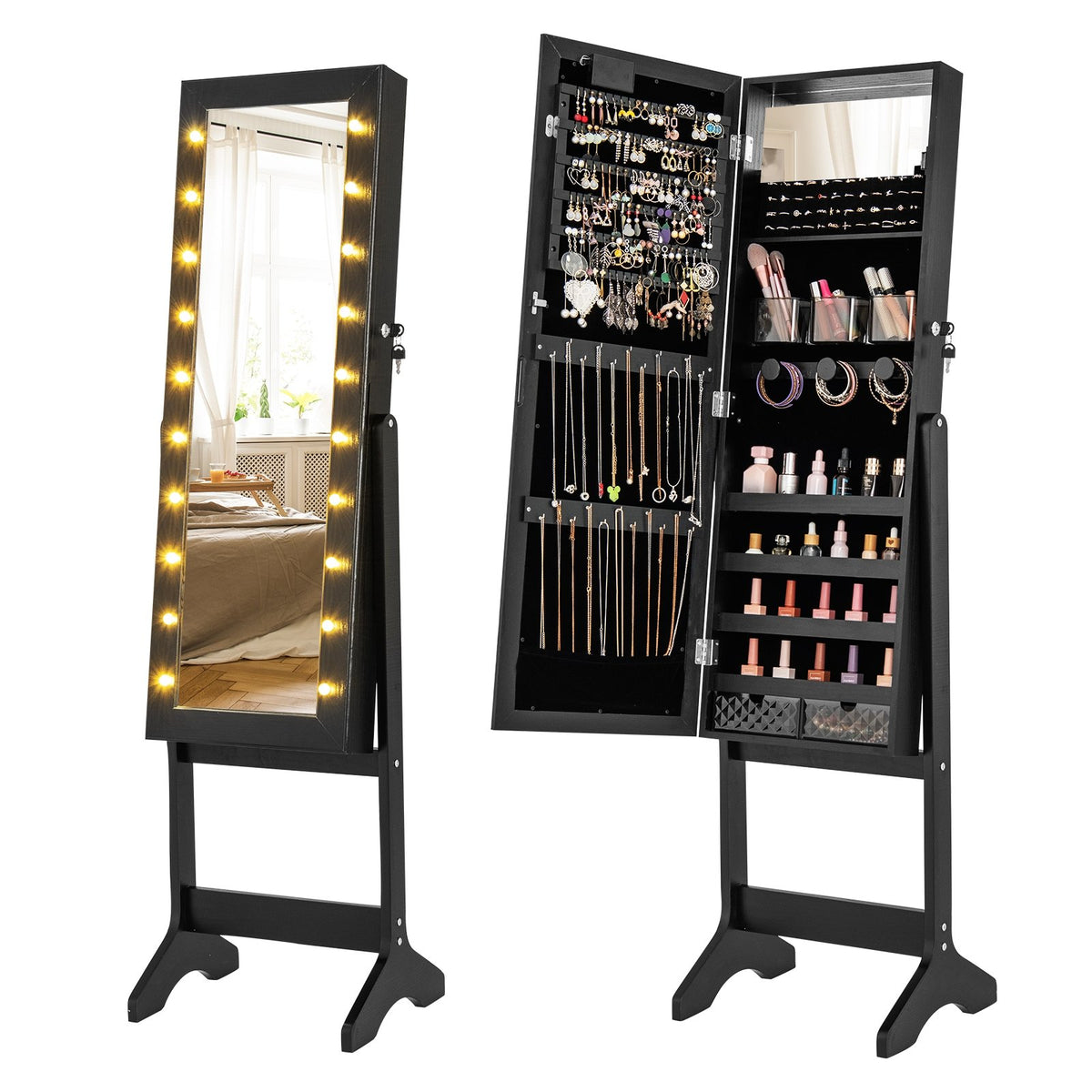 Mirror Jewelry Cabinet with 20 Warm Lights and 4 Tilt Angles-Black