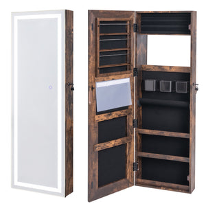 Mirrored Jewelry Armoire with Full Length Mirror and 2 Internal LED Lights-Rustic Brown view 3