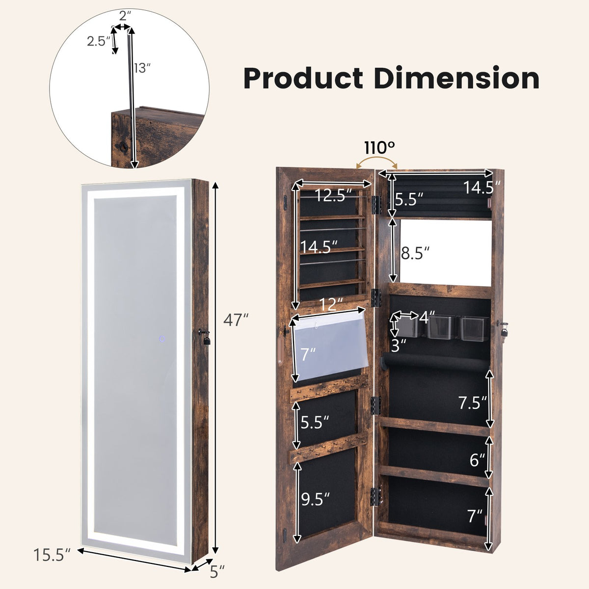 Mirrored Jewelry Armoire with Full Length Mirror and 2 Internal LED Lights-Rustic Brown view 4