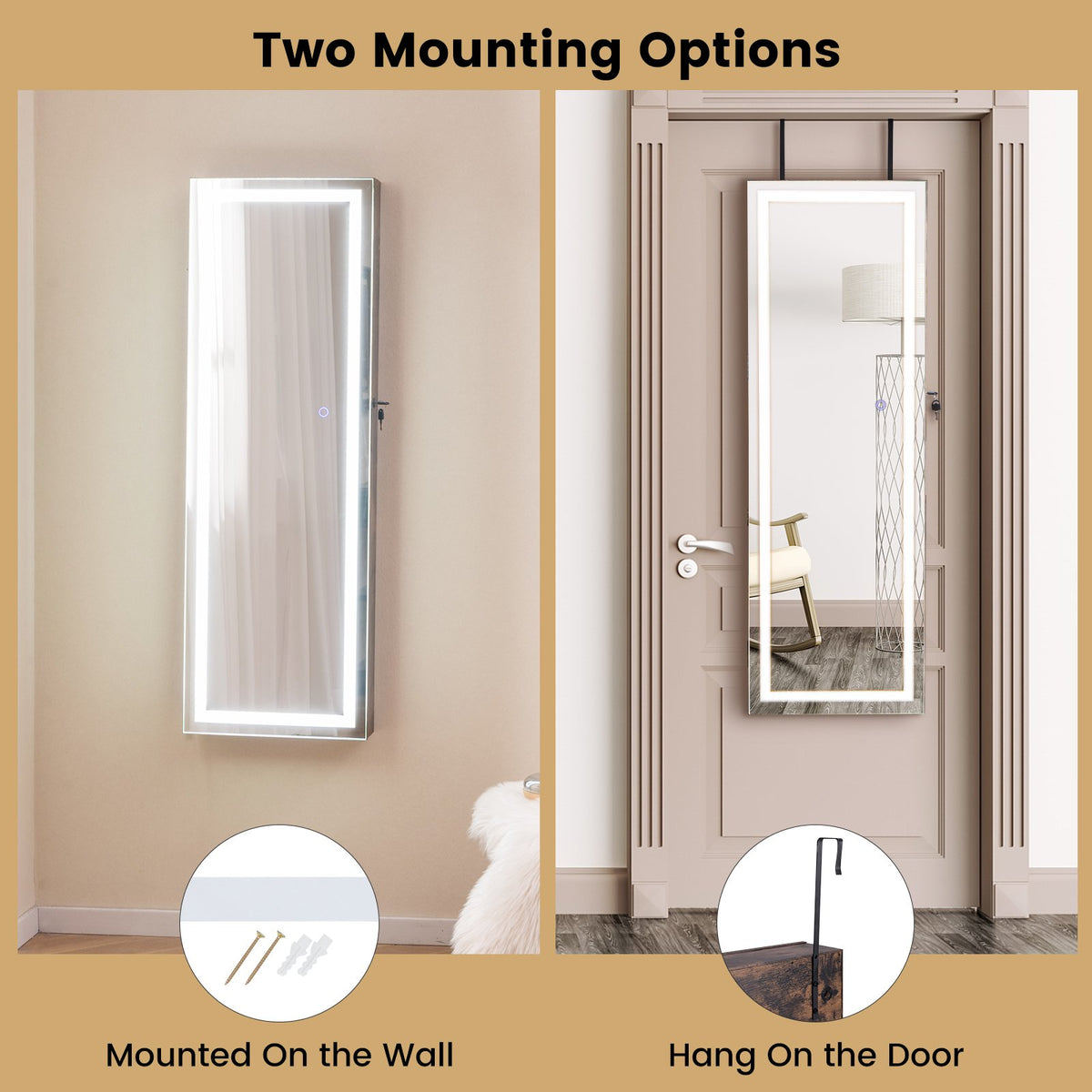 Mirrored Jewelry Armoire with Full Length Mirror and 2 Internal LED Lights-Rustic Brown view 7