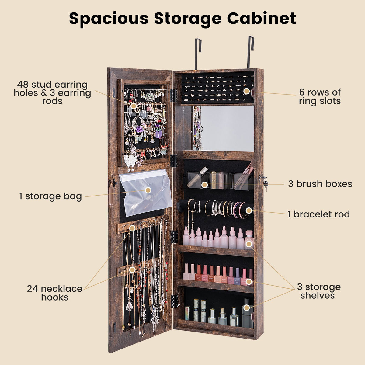 Mirrored Jewelry Armoire with Full Length Mirror and 2 Internal LED Lights-Rustic Brown view 8