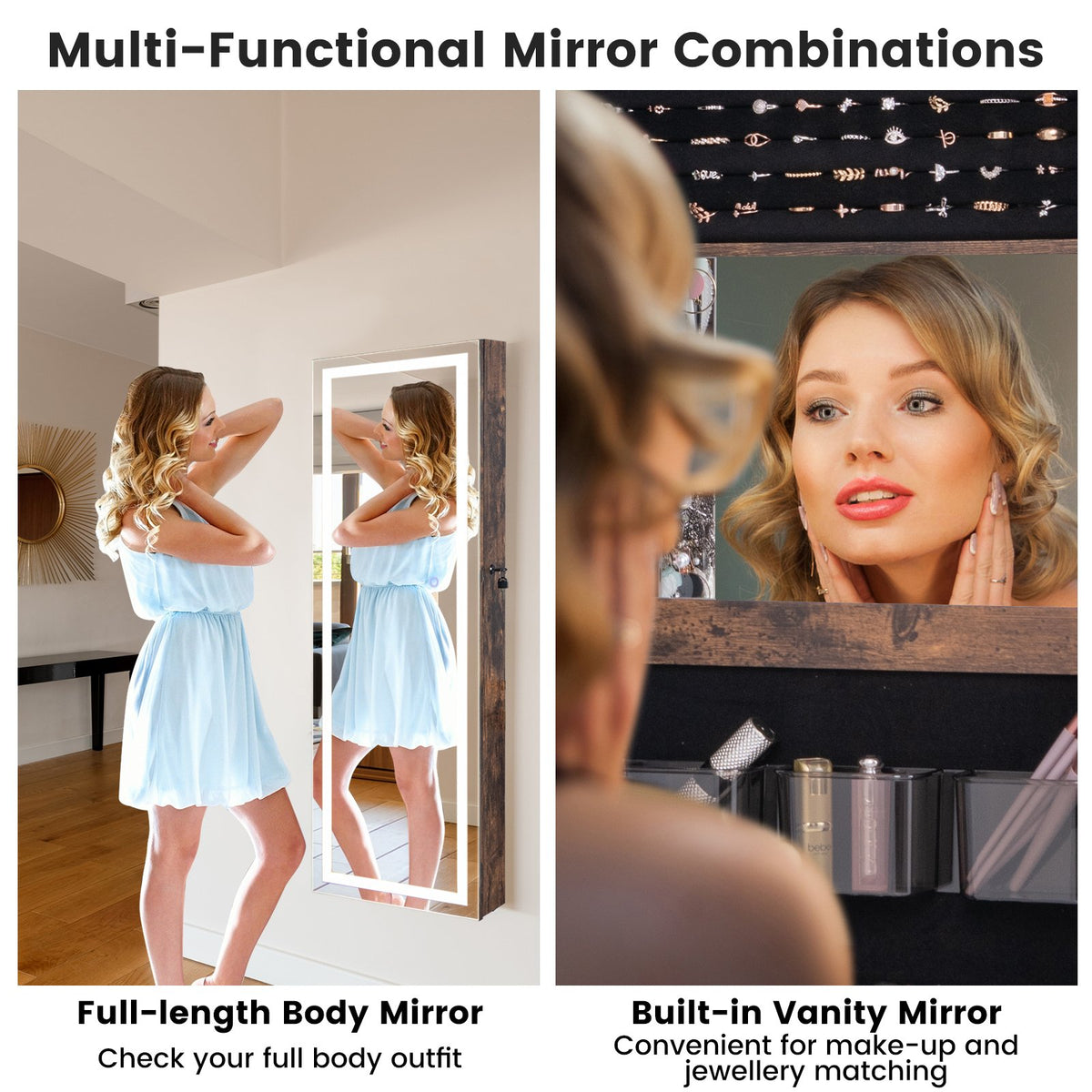 Mirrored Jewelry Armoire with Full Length Mirror and 2 Internal LED Lights-Rustic Brown view 9