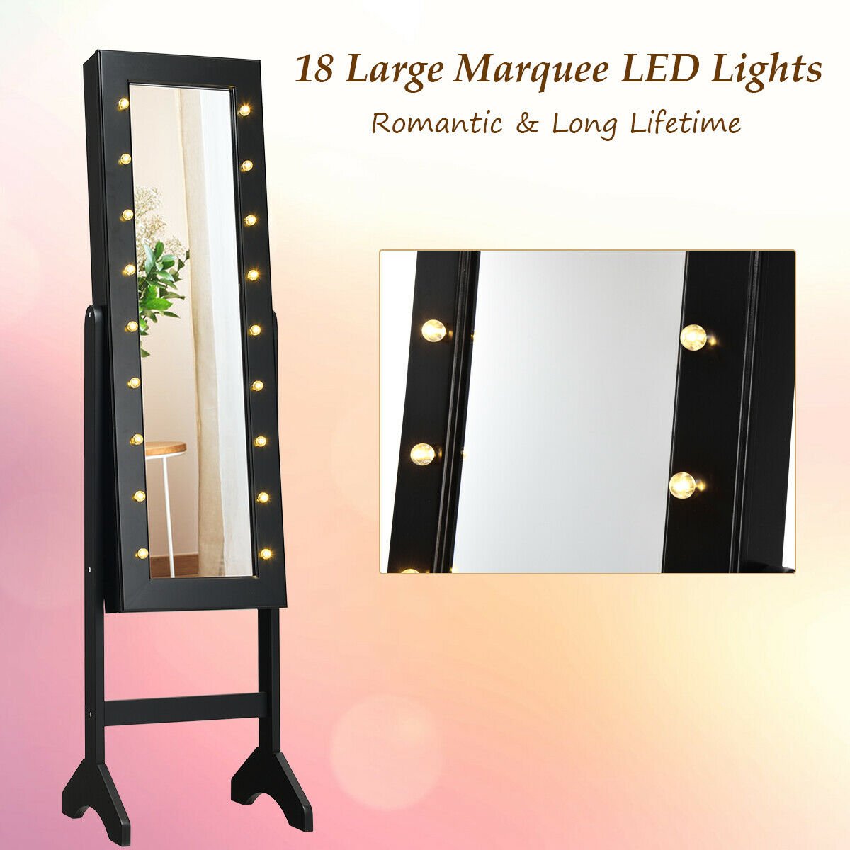 Mirrored Jewelry Cabinet Armoire Organizer w/ LED lights-Black view 3
