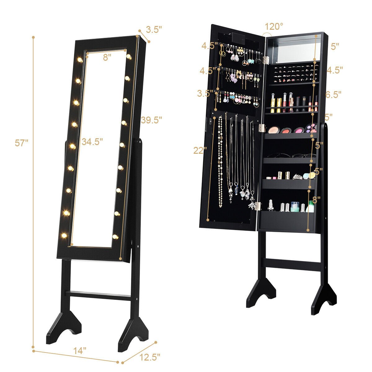 Mirrored Jewelry Cabinet Armoire Organizer w/ LED lights-Black view 4