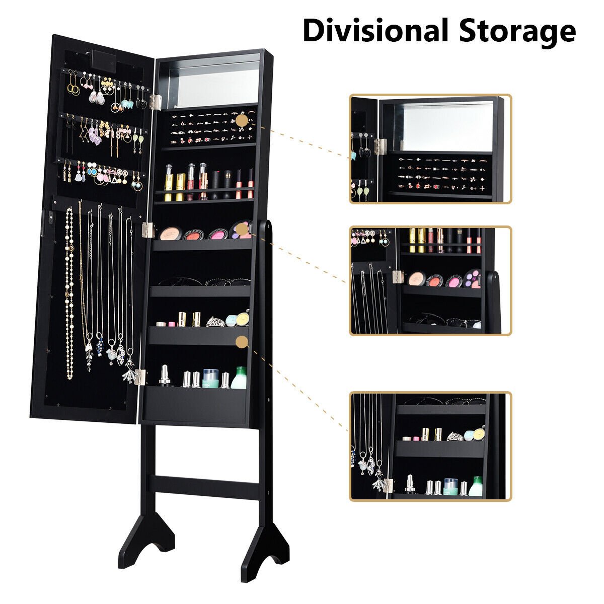Mirrored Jewelry Cabinet Armoire Organizer w/ LED lights-Black view 5