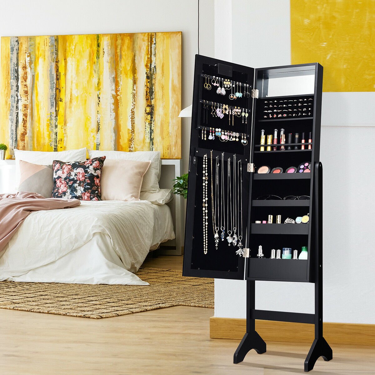 Mirrored Jewelry Cabinet Armoire Organizer w/ LED lights-Black view 7