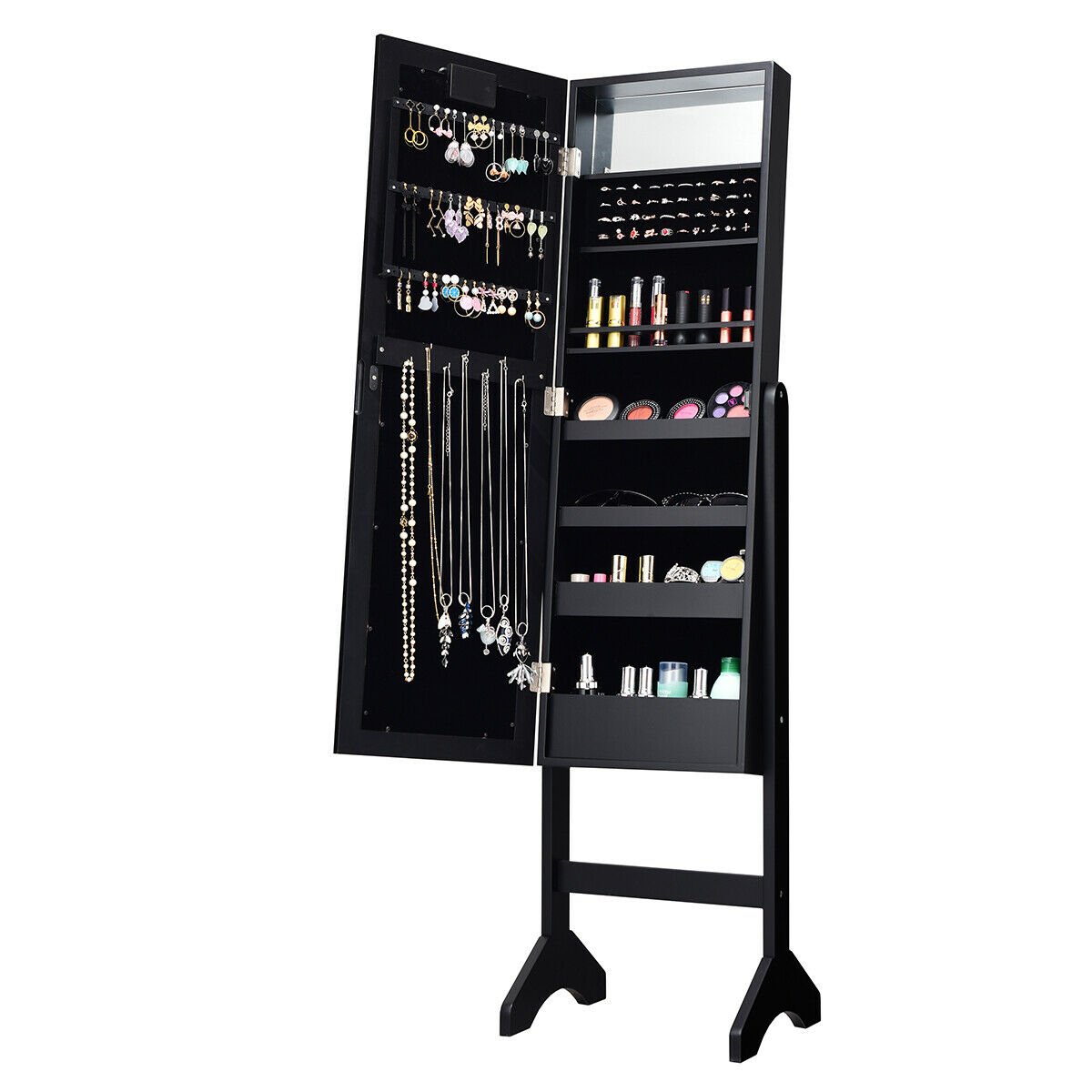 Mirrored Jewelry Cabinet Armoire Organizer w/ LED lights-Black view 8