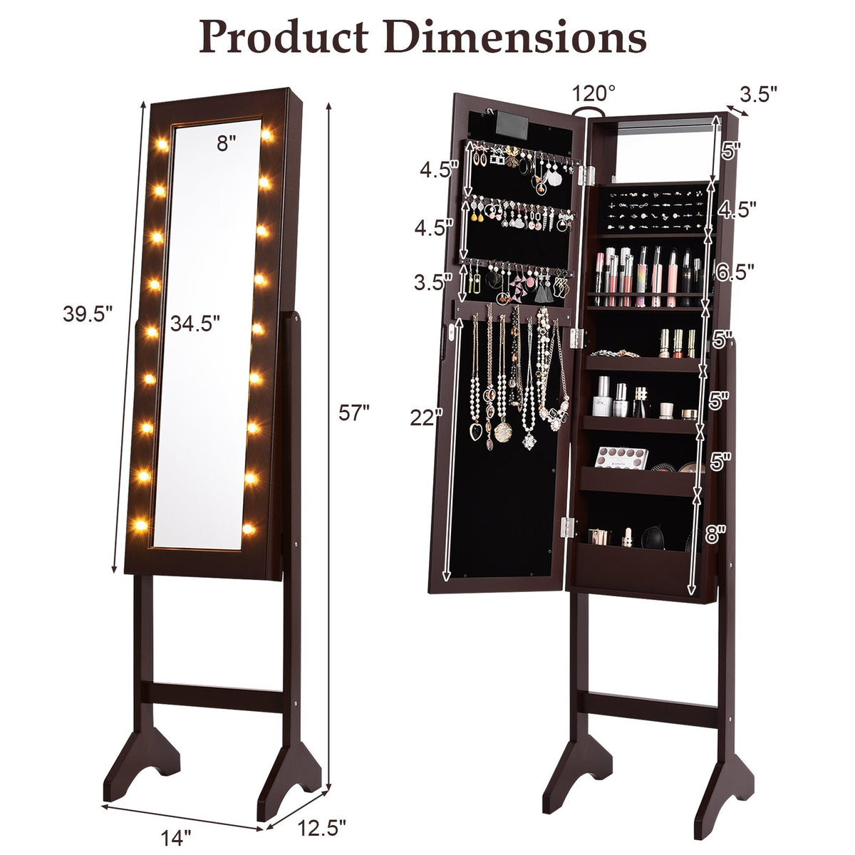 Mirrored Jewelry Cabinet Armoire Organizer w/ LED lights-Brown view 4