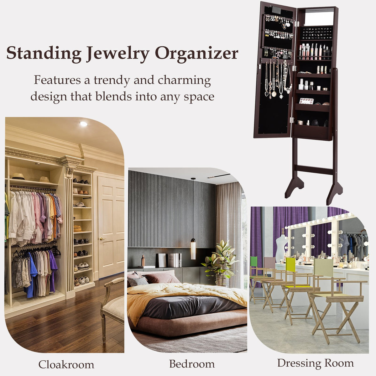 Mirrored Jewelry Cabinet Armoire Organizer w/ LED lights-Brown view 5