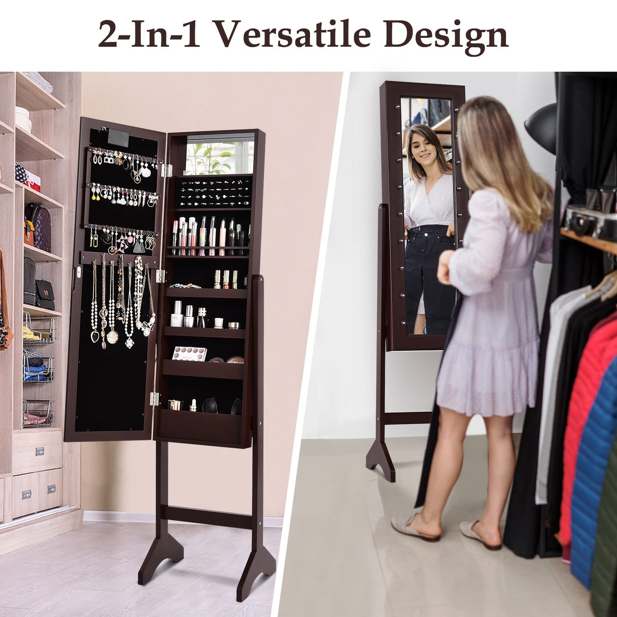 Mirrored Jewelry Cabinet Armoire Organizer w/ LED lights-Brown view 6