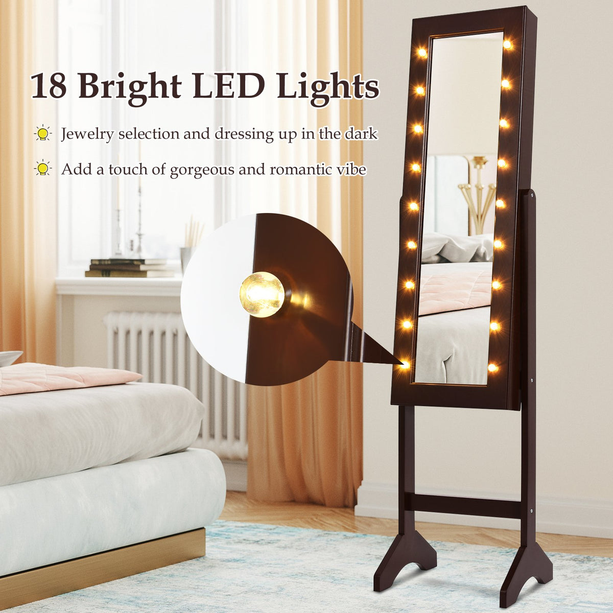 Mirrored Jewelry Cabinet Armoire Organizer w/ LED lights-Brown view 7
