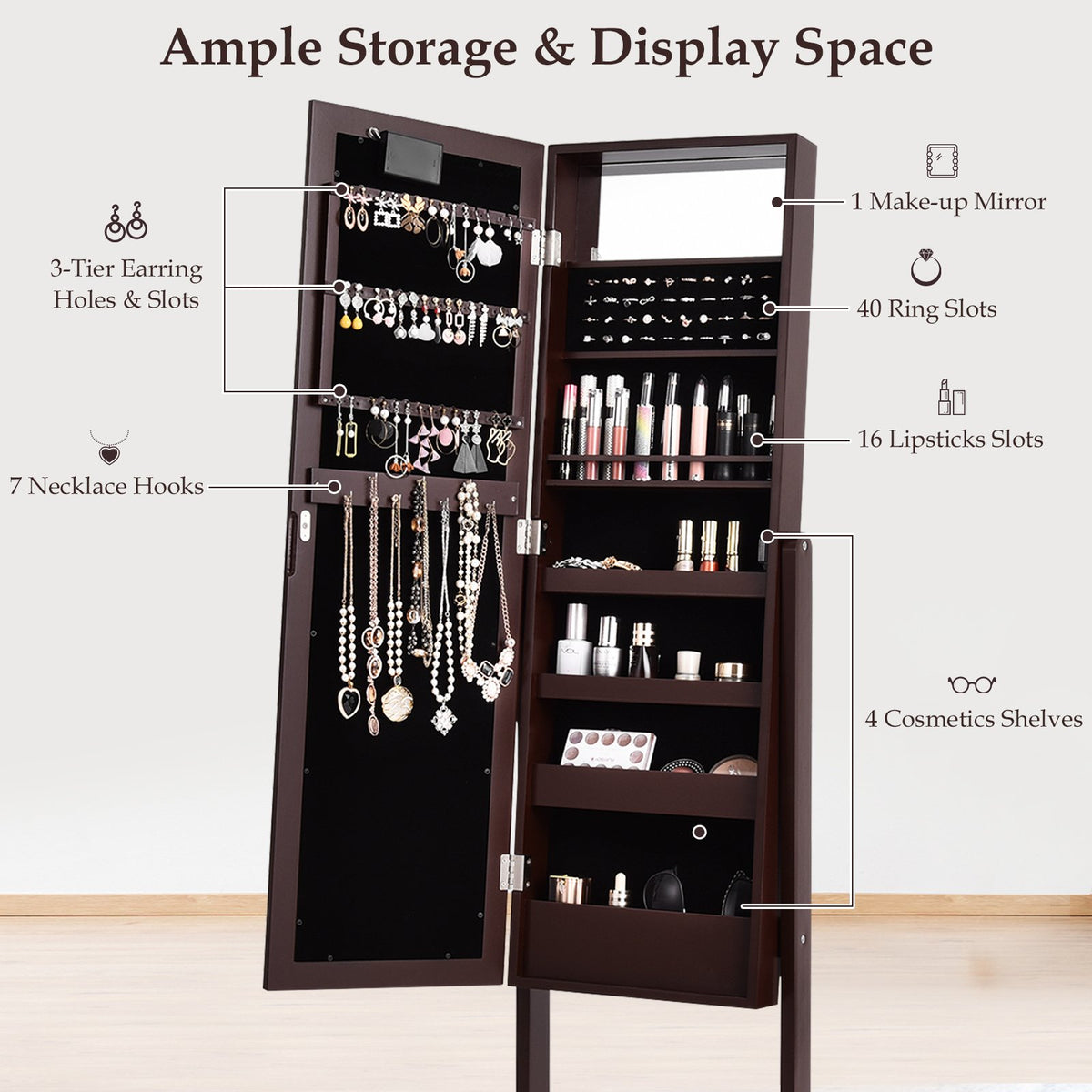 Mirrored Jewelry Cabinet Armoire Organizer w/ LED lights-Brown view 9