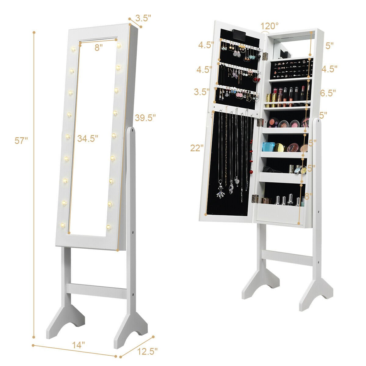 Mirrored Jewelry Cabinet Armoire Organizer w/ LED lights-White view 4
