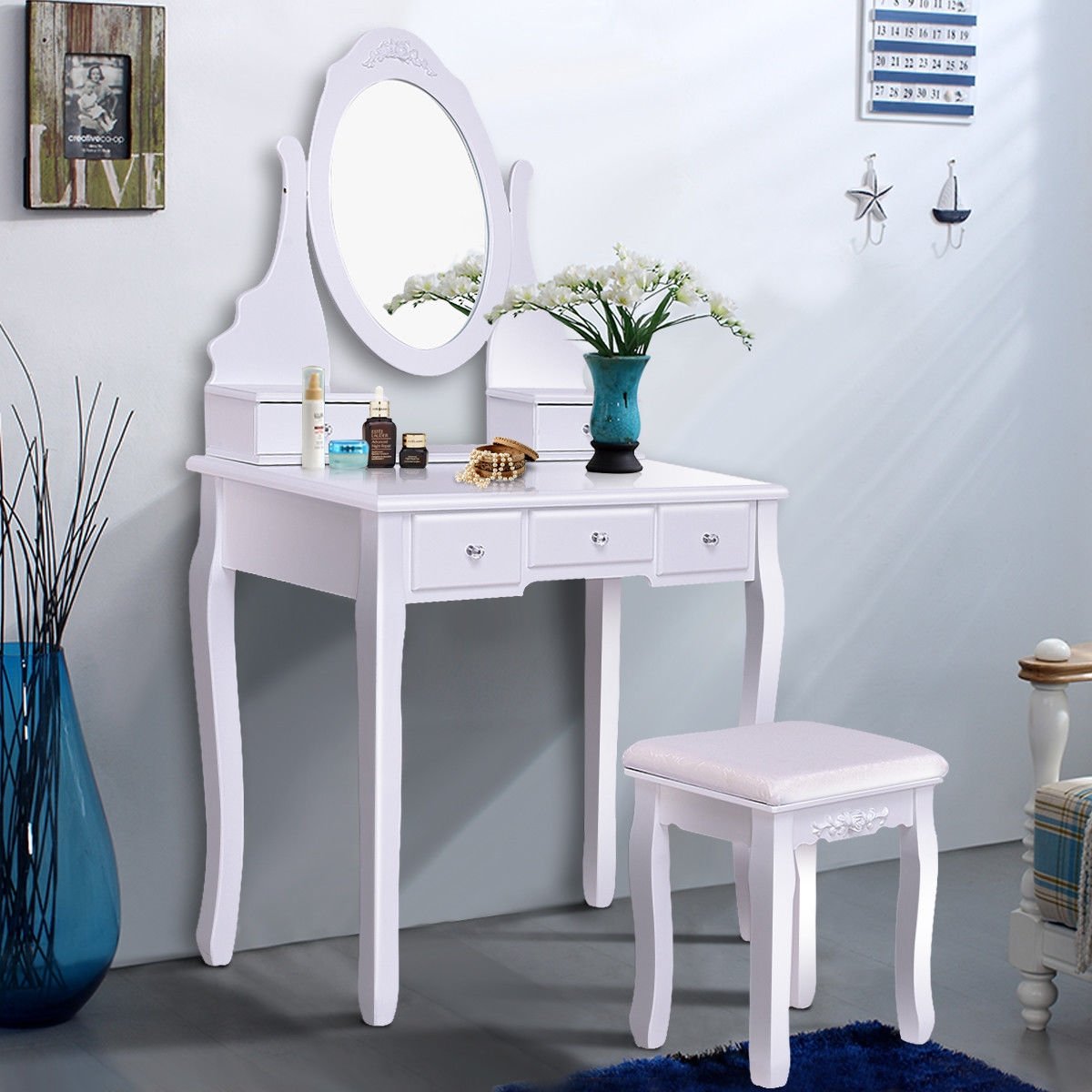 Wooden Vanity Set with 360° Rotating Oval Mirror and Cushioned Stool-White view 2