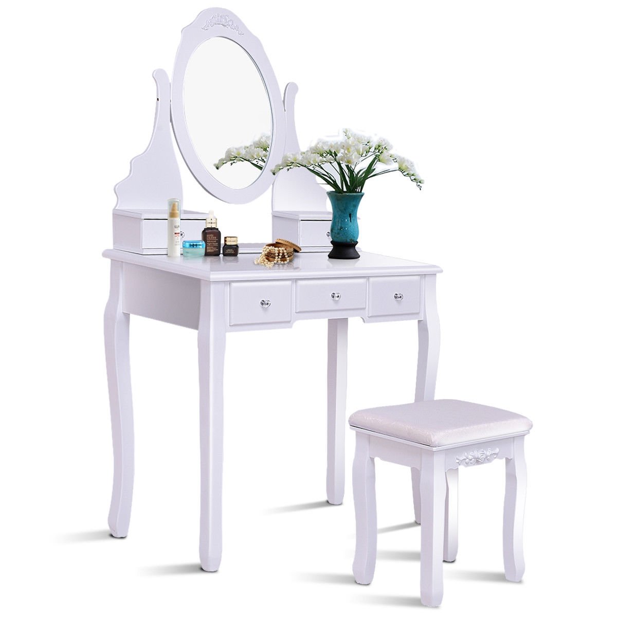 Wooden Vanity Set with 360° Rotating Oval Mirror and Cushioned Stool-White view 3