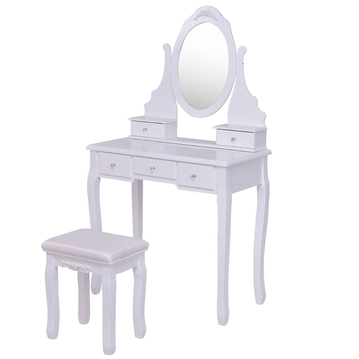 Wooden Vanity Set with 360° Rotating Oval Mirror and Cushioned Stool-White view 4