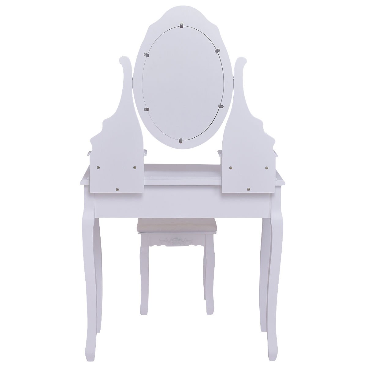 Wooden Vanity Set with 360° Rotating Oval Mirror and Cushioned Stool-White view 6