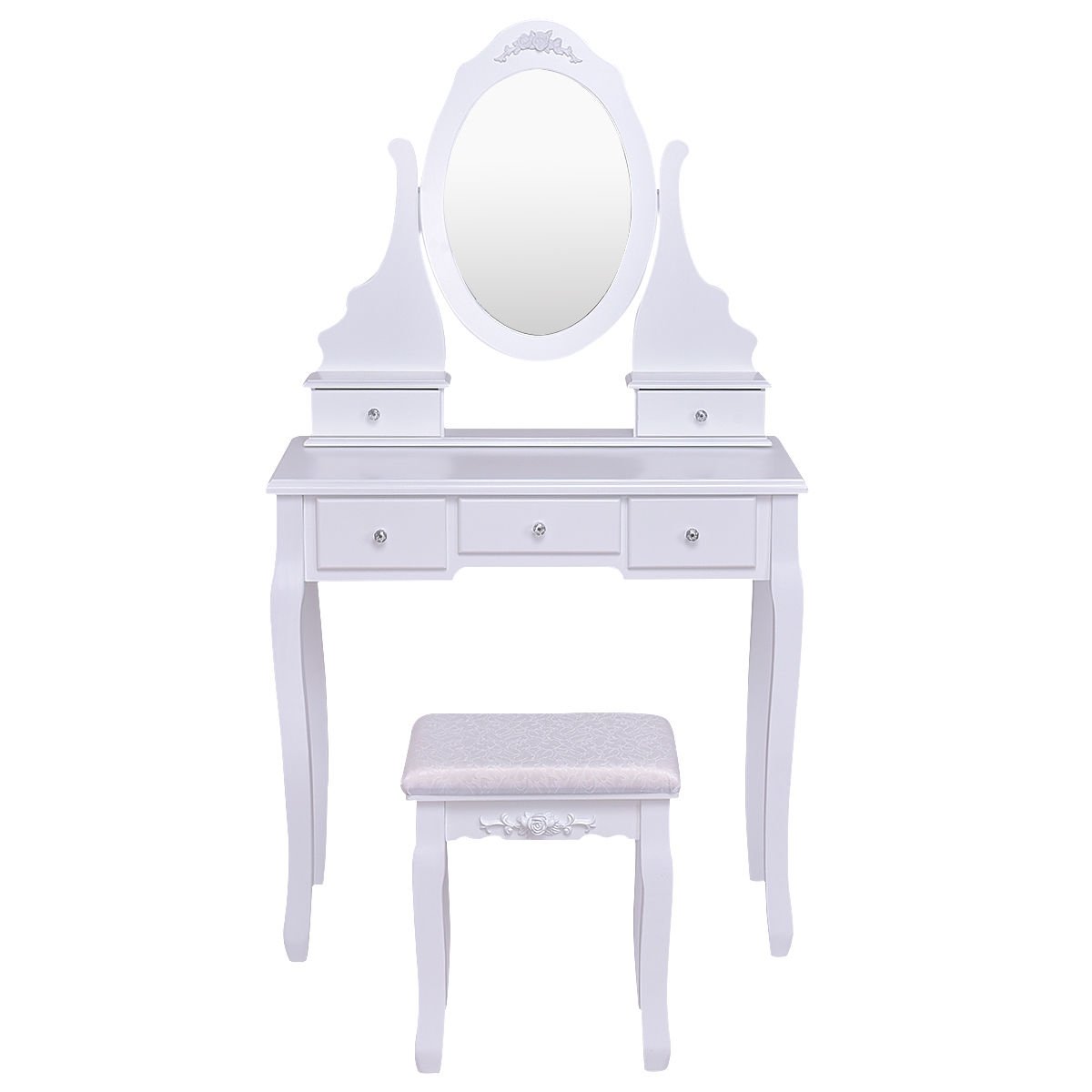 Wooden Vanity Set with 360° Rotating Oval Mirror and Cushioned Stool-White view 7