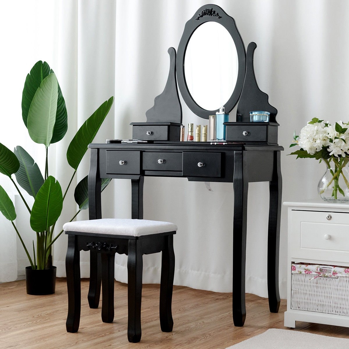 Wooden Vanity Set with 360° Rotating Oval Mirror and Cushioned Stool-Black view 2