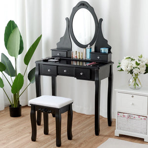 Wooden Vanity Set with 360° Rotating Oval Mirror and Cushioned Stool-Black view 3