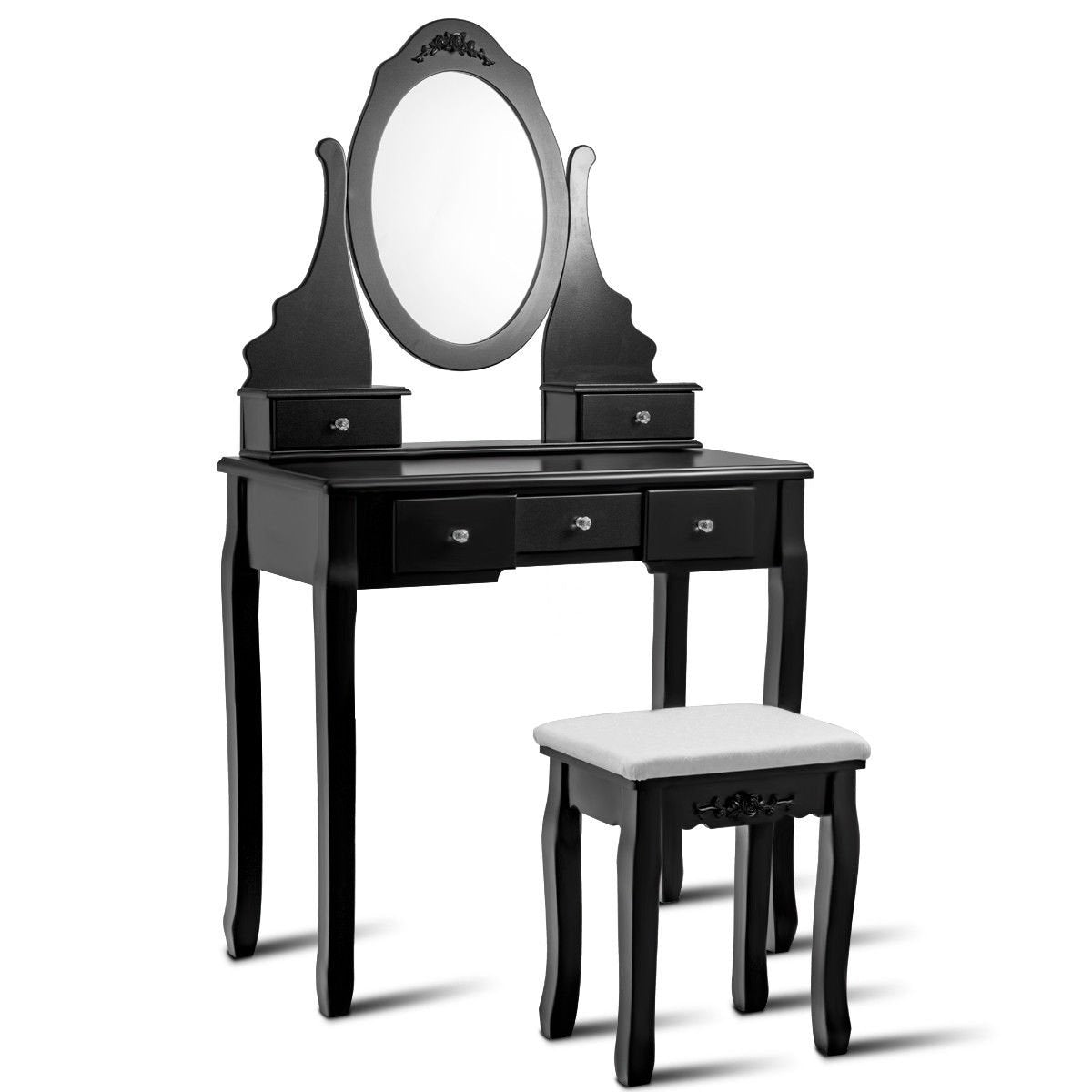 Wooden Vanity Set with 360° Rotating Oval Mirror and Cushioned Stool-Black view 5