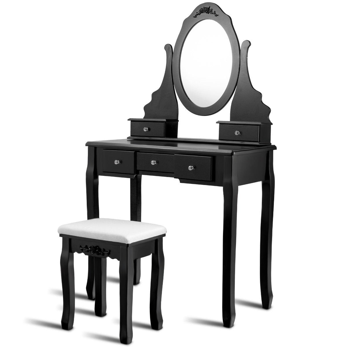 Wooden Vanity Set with 360° Rotating Oval Mirror and Cushioned Stool-Black view 6