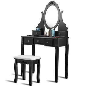 Wooden Vanity Set with 360° Rotating Oval Mirror and Cushioned Stool-Black view 7