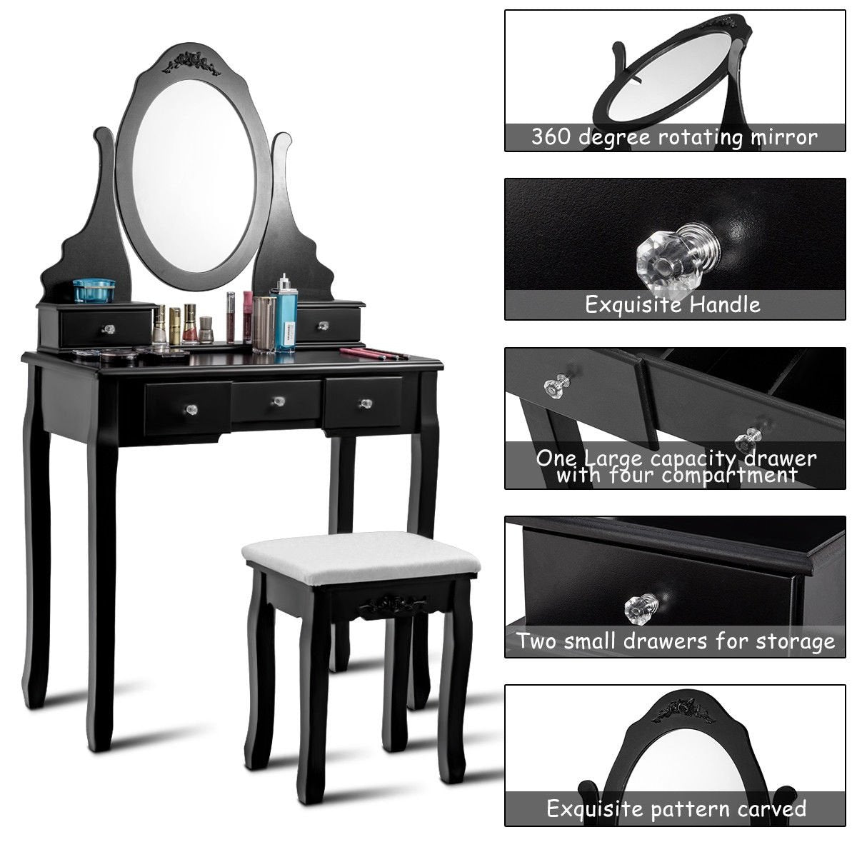 Wooden Vanity Set with 360° Rotating Oval Mirror and Cushioned Stool-Black view 8