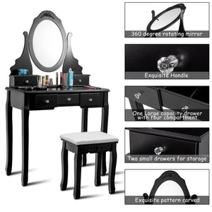 Wooden Vanity Set with 360° Rotating Oval Mirror and Cushioned Stool-Black view 8