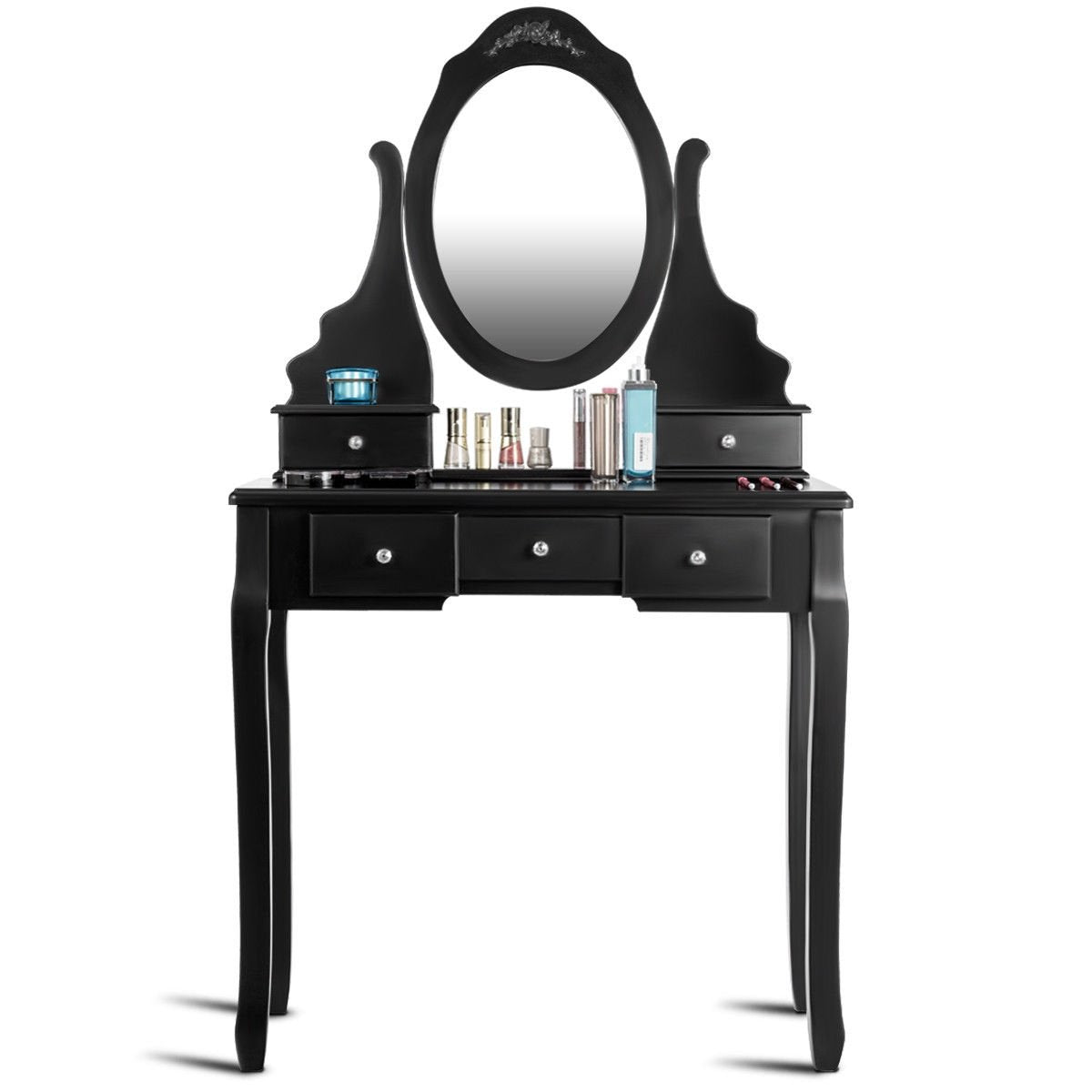 Wooden Vanity Set with 360° Rotating Oval Mirror and Cushioned Stool-Black view 9