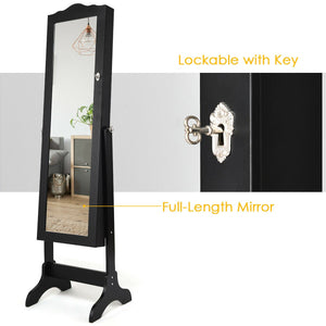 Mirrored Lockable Jewelry Cabinet Armoire Organizer Storage Box-Black view 5